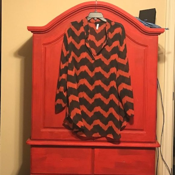 Auditions Tops - Auditions sheer long sleeve cover top blouse black rust zigzag stripes size 3XL